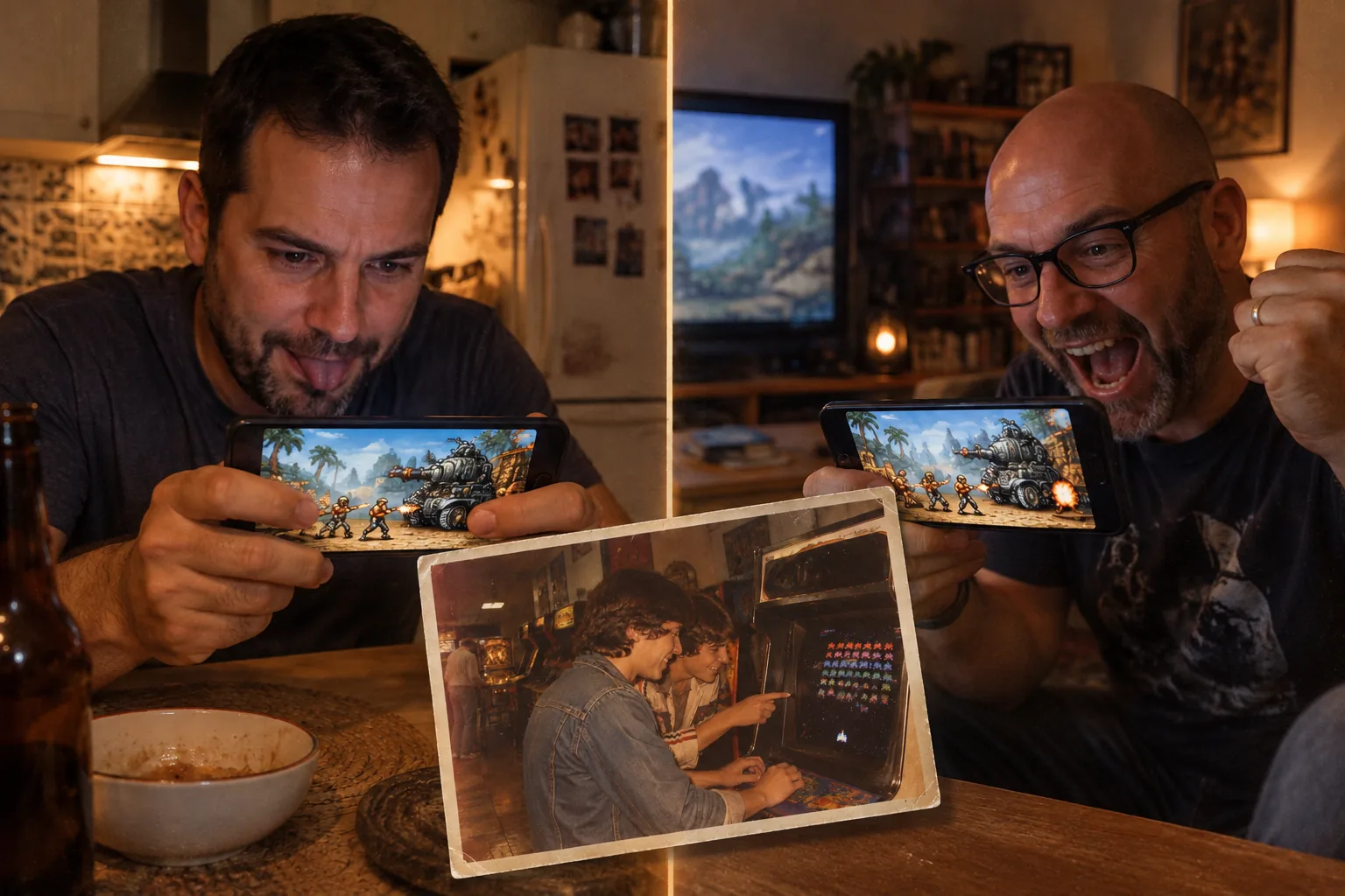 Two friends team up in Metal Slug from their own homes, next to an old snapshot of them as kids playing Galaxian at the arcade
