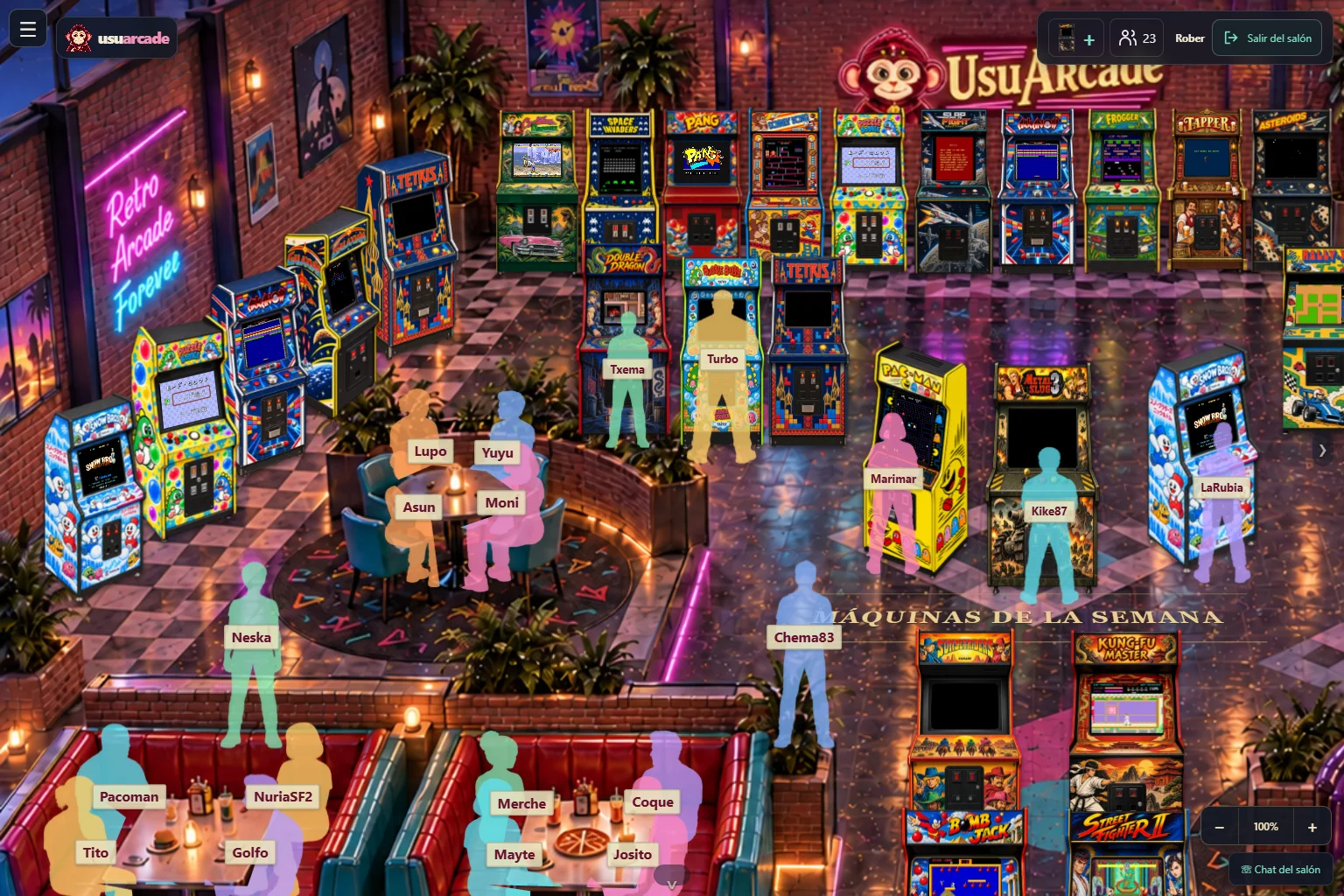 Screenshot of the UsuArcade room with people playing the cabinets, hanging out at the tables, and walking around
