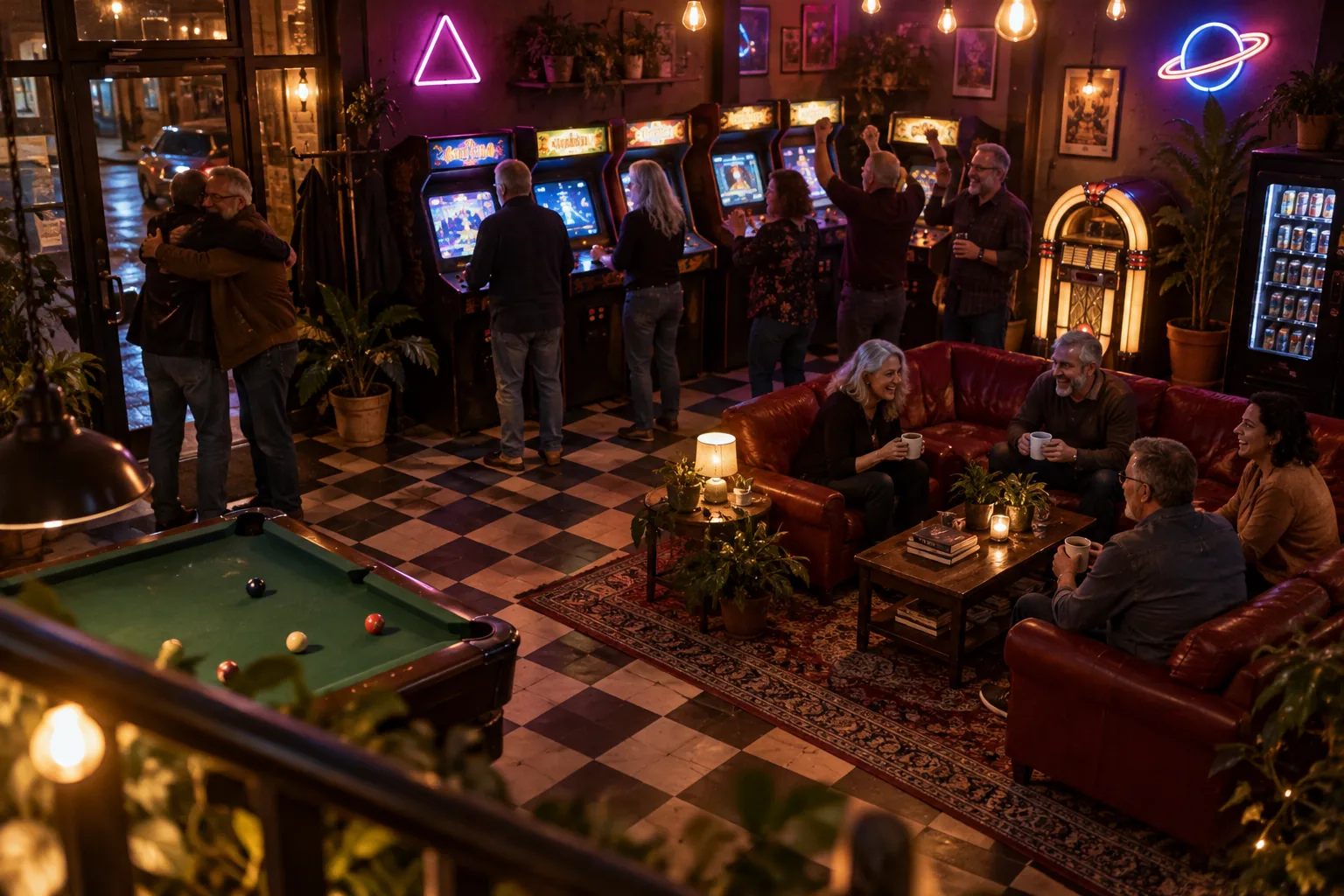 A busy arcade: some people play, others watch over their shoulders and others chat on the couches