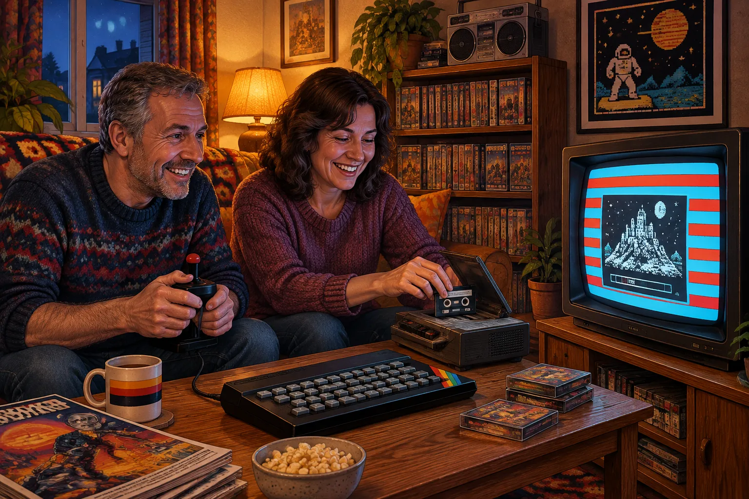 Dos amigos cargan un juego en un ZX Spectrum enchufado a la tele, con el radiocasete y una estantería de cintas